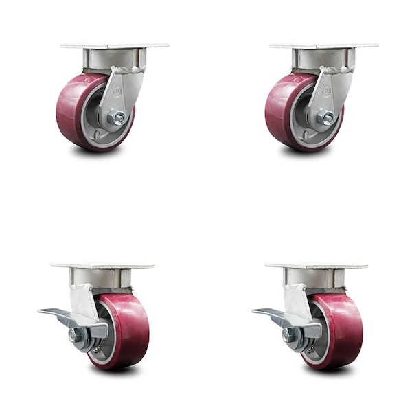 4 Inch Kingpinless Poly on Aluminum Wheel Swivel Caster Set with 2 Brakes SCC